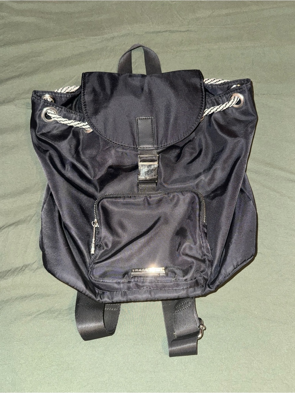 Madden Girl Black Nylon Drawstring Backpack with Silver Rope